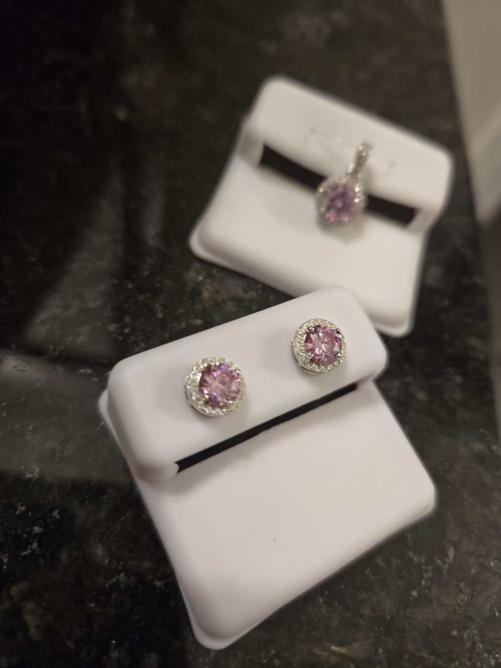 MOISSANITE Pink Crystal Halo Stud Earrings and Pendant Set